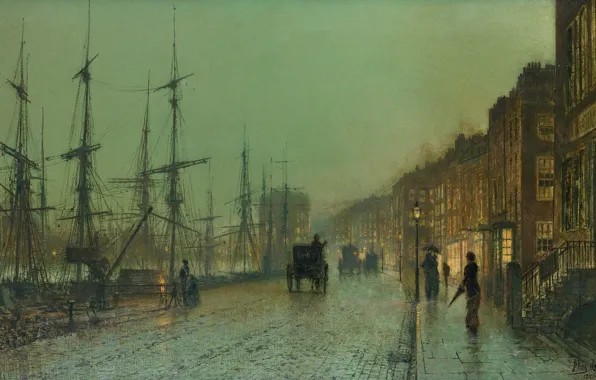 Picture ship, picture, mast, promenade, the urban landscape, John Atkinson Grimshaw, John Atkinson Grimshaw, The Docks …