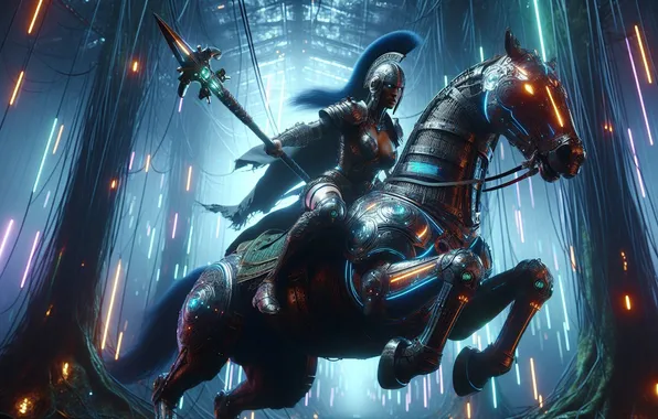 Horse, woman, horse, warrior, fantasy, rider, spear, Valkyrie