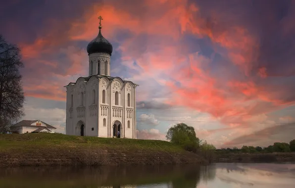 Picture landscape, nature, river, the evening, Bank, Nerl, Church of the Intercession