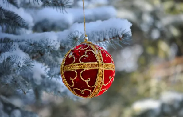 Picture snow, tree, ball, New Year, Christmas, decoration