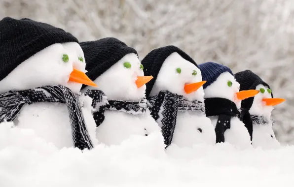 Picture snow, snowmen, caps, carrots, scarves