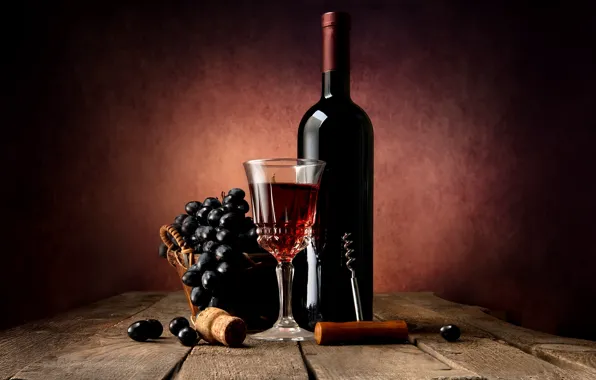 Wine, glass, bottle, grapes, corkscrew