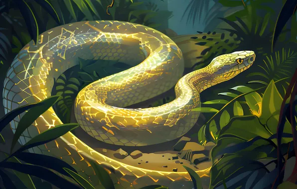 Grass, Snake, Trees, Jungle, Art, Reptile, Animal, Digital art