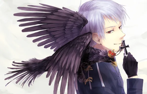 Picture cross, anime, gloves, guy, Raven, red eyes, military uniforms, Axis Powers: Hetalia