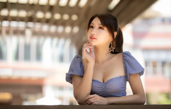 Picture dreams, reverie, pose, earrings, brunette, neckline, Asian, bokeh