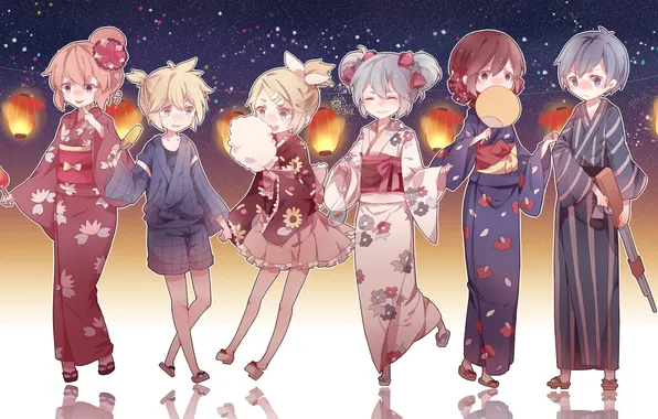 Stars, girls, Apple, corn, art, lights, kimono, guys
