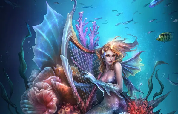 Picture mermaid, art, harp, underwater world, fins, musical instrument