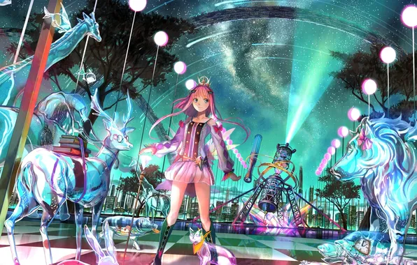 Stars, night, animal, lights, girl, fuji choko