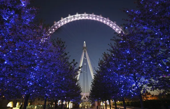 Picture decoration, trees, lights, holiday, England, London, Christmas, Ferris wheel