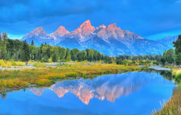 Picture forest, the sky, mountains, lake, reflection