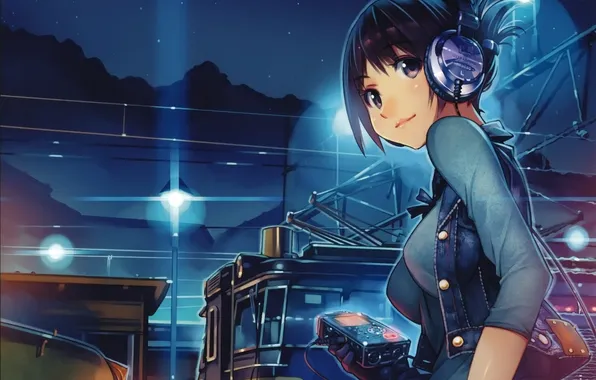 Girl, stars, mountains, night, anime, headphones, art, player