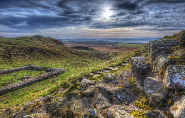 Field, grass, clouds, stones, space, UK, the rays of the sun, Hadrians Wall