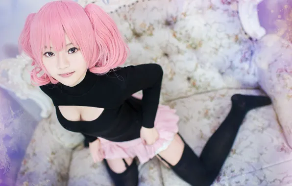 Picture girl, face, sofa, stockings, neckline, image, Asian, cutie