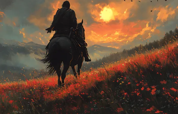 Field, sunset, flowers, horse, horse, male, rider, imitation painting