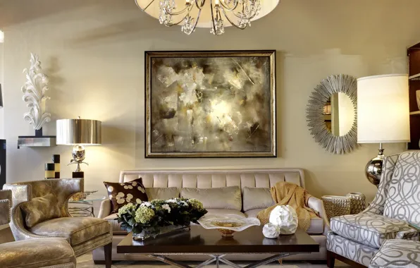 Design, room, sofa, interior, picture, mirror, chandelier, living room