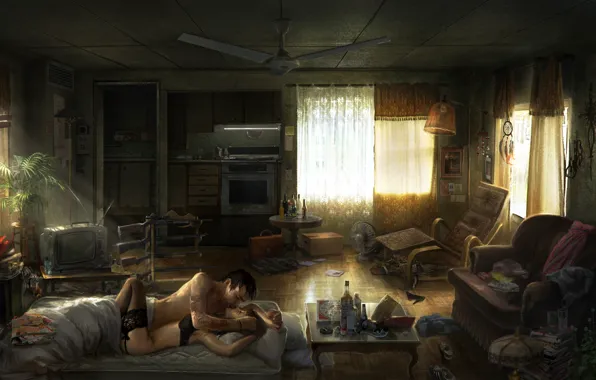Girl, sofa, passion, bed, stockings, pair, guy, apartment