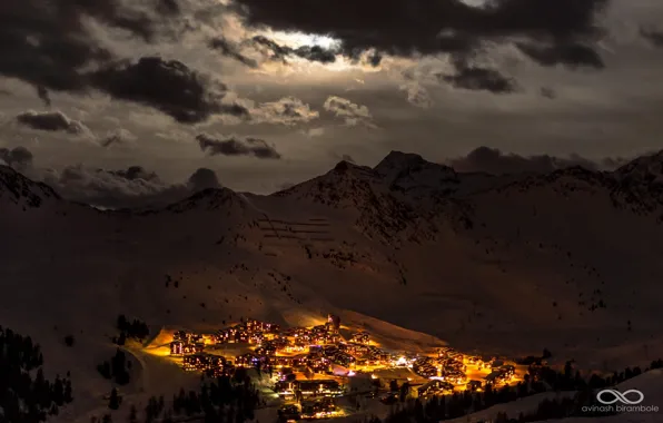 Winter, snow, mountains, night, lights, valley, settlement, lowland