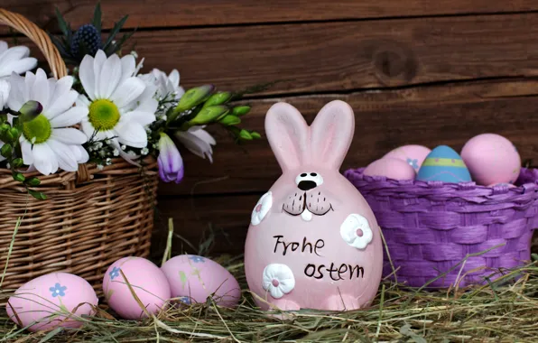 Flowers, holiday, Board, eggs, rabbit, Easter, hay, Easter