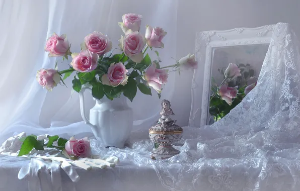 Flowers, style, roses, bouquet, mirror, gloves, figurine, lace