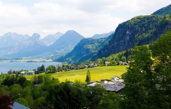 Trees, mountains, lake, home, Austria, Alps, Salzburg