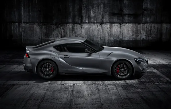 Picture grey, background, coupe, Toyota, side view, dark, Supra, the fifth generation