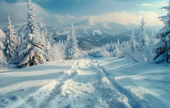 Winter, frost, road, forest, the sky, clouds, light, snow