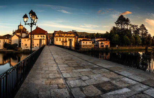 Sunset, bridge, river, home, the evening, lights, Portugal, Chaves