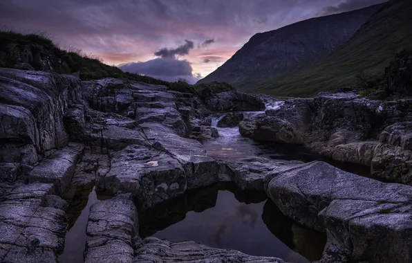 Sunset, mountains, nature, stones