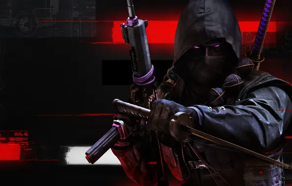 Sword, gun, game, call of duty, soldier, weapon, katana, man