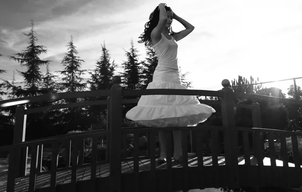 Look, girl, bridge, actress, brunette, white dress, Jaimie Alexander, Jamie Alexander