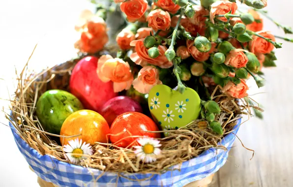Flowers, roses, eggs, spring, Easter, colorful, flowers, spring