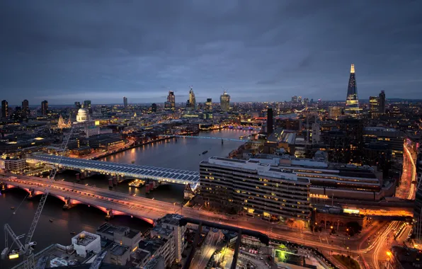 Night, the city, lights, river, view, England, London, building