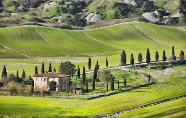 Road, the sky, house, tree, hills, field, Italy, Monti Prenestini