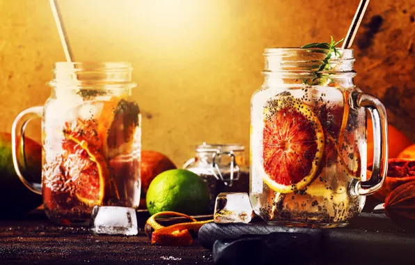 Glass, light, table, ice, oranges, Christmas, mug, cocktail