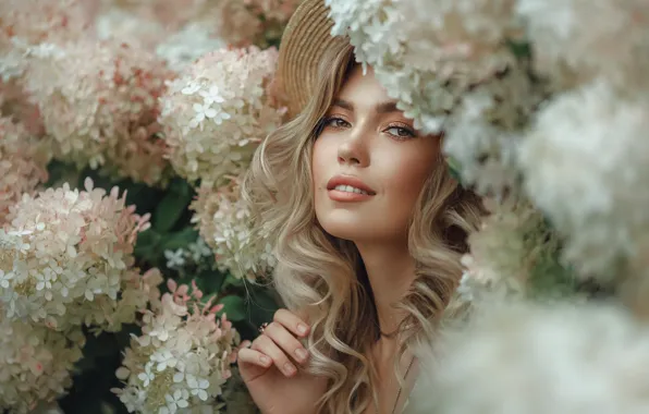 Look, girl, flowers, hat, blonde, curls, hydrangea, Lera Of Vasiljeva