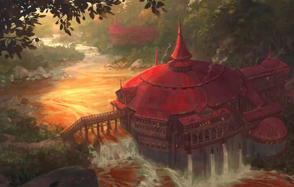 River, building, waterfall, stream, Riverhome