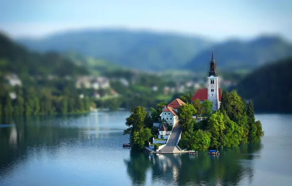 The sky, clouds, lake, island, Church, Slovenia, Slovenia, Bled