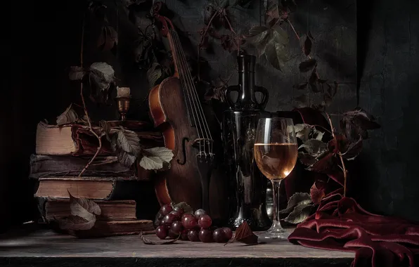 Leaves, berries, violin, glass, books, branch, grapes, fabric