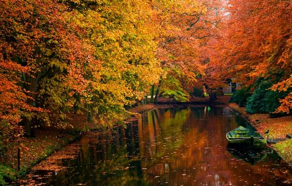 Autumn, water, trees, photo, romance, boat, beauty