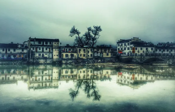Clouds, lake, reflection, tree, home, mirror, China, Anhui