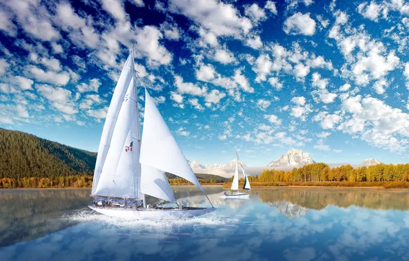 Picture FOREST, WATER, MOUNTAINS, The SKY, CLOUDS, MAST, SAILS, BOATS