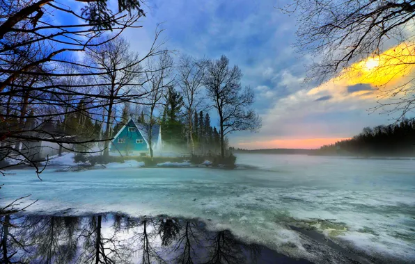 House, Canada, river, winter, lake, snow, dawn, mist