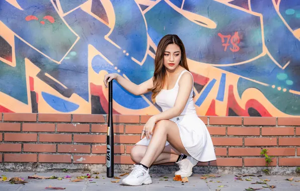 Look, girl, pose, street, graffiti, hair, legs, Asian