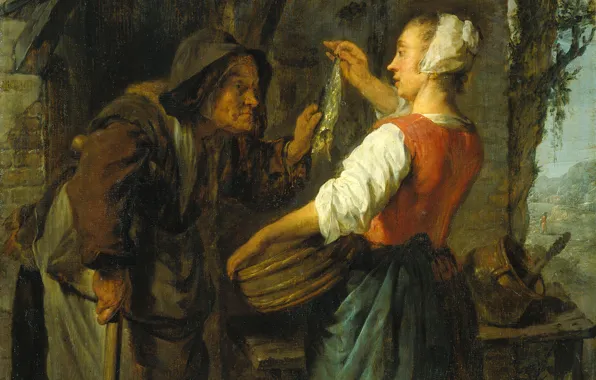 Tree, oil, picture, genre, Gabriel Metso, Woman Selling Herring