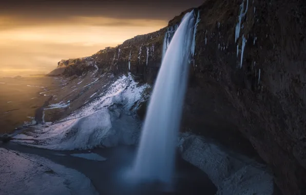 Snow, mountains, rocks, shore, waterfall, stream