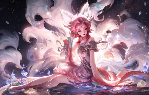 Picture girl, stars, flowers, night, magic, magic, game, MOBA