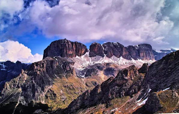 The sun, clouds, mountains, stones, rocks, Italy, gorge, Sella Group