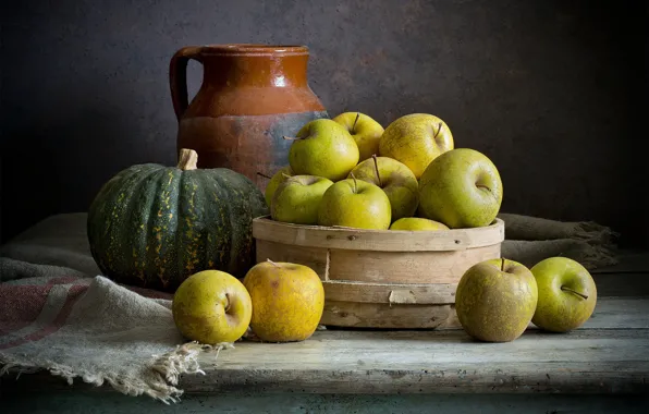 Picture the dark background, apples, food, dishes, pumpkin, pitcher, fruit, still life