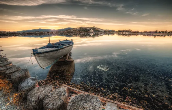 Clouds, landscape, lake, boat, landscape, clouds, lake, boat