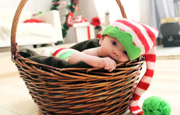 Sofa, basket, hat, child, gifts, New year, baby